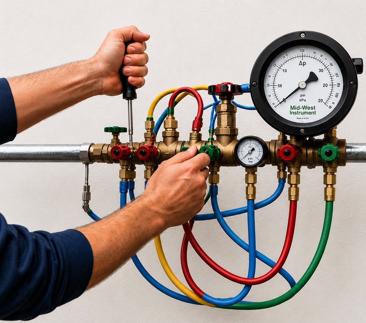Technician testing a backflow preventer with a pressure gauge kit