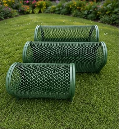 Three backflow cages on grass