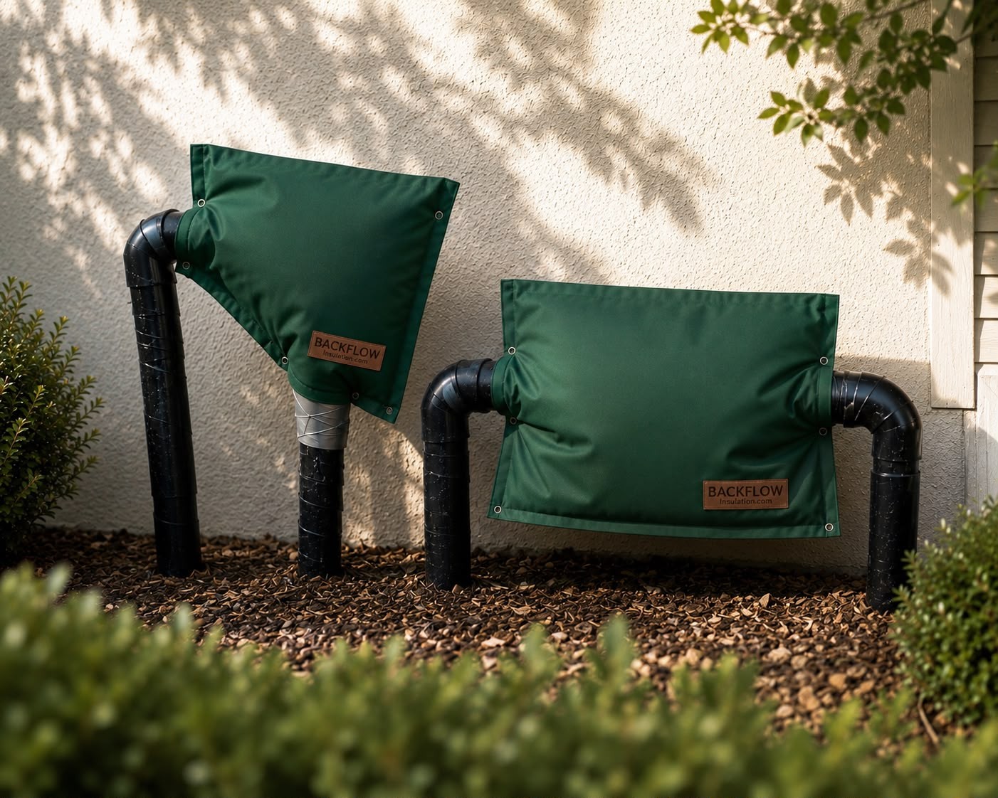 Backflow insulation covers protecting outdoor valves against a garden wall